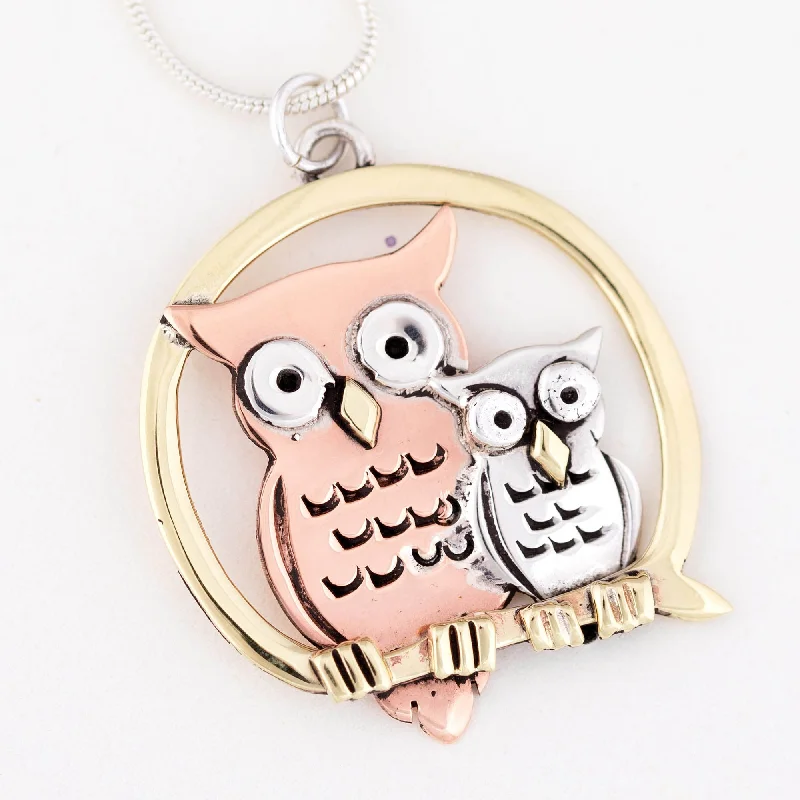 Stamped disc necklaces-Mama & Baby Owl Sterling & Copper Necklace