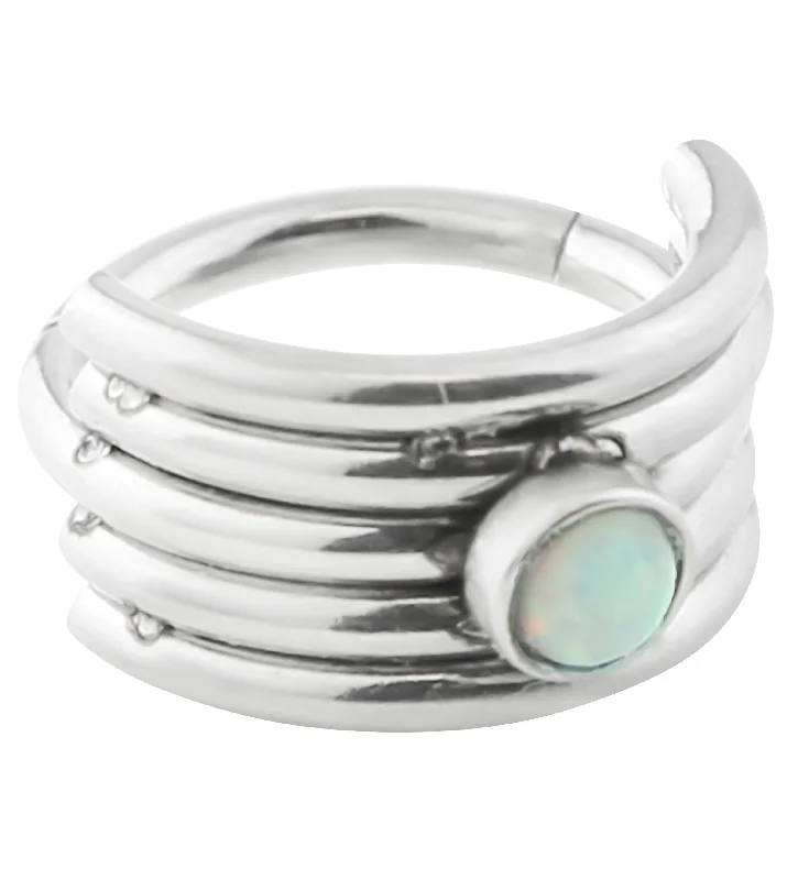 Satin silver rings-White Opalite Stacked Stainless Steel Hinged Cuff Segment Ring