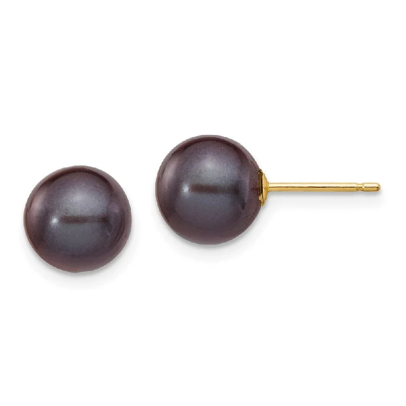 Reed style earrings-14k 8-9mm Black Round Freshwater Cultured Pearl Stud Post Earrings