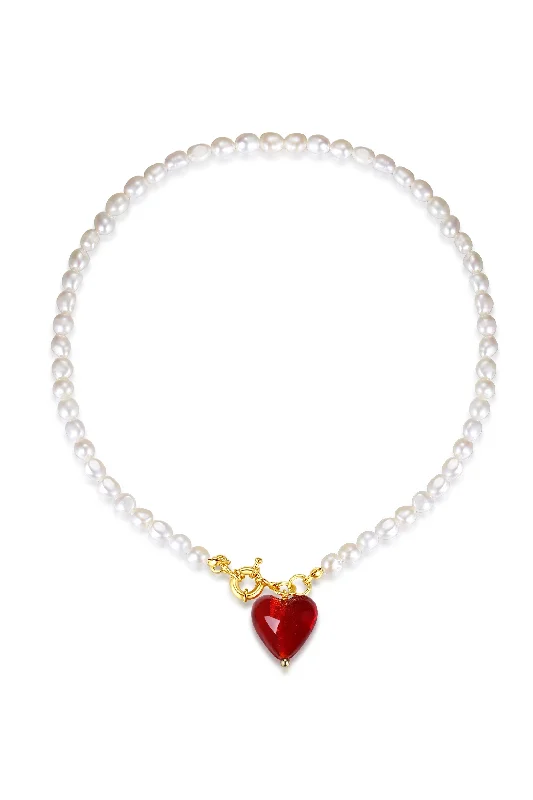 Solid chain necklaces-Esmée Red Glaze Heart Pendant Pearl Necklace