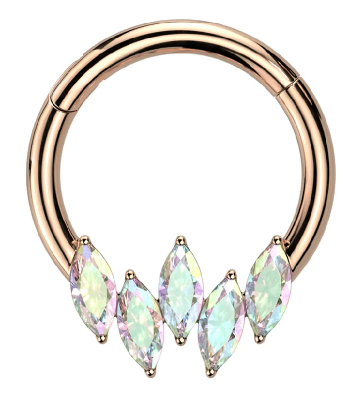 Opulent cocktail rings-Rose Gold PVD Point Marquise Rainbow Aurora CZ Stainless Steel Hinged Segment Ring