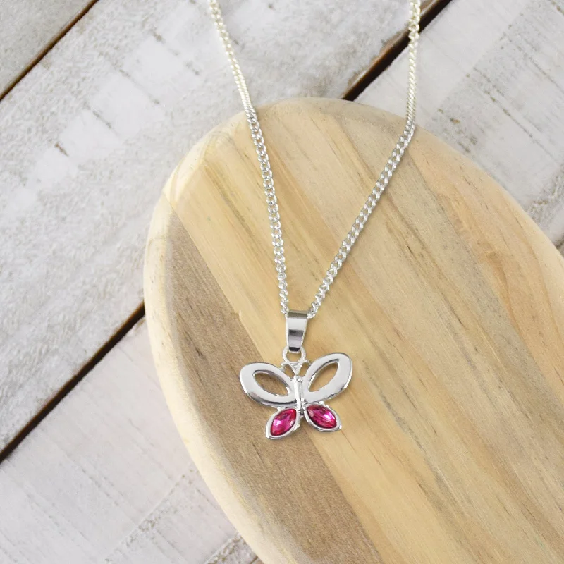 Apatite necklaces-Brave Butterfly Necklace - Silver finish with pink stones