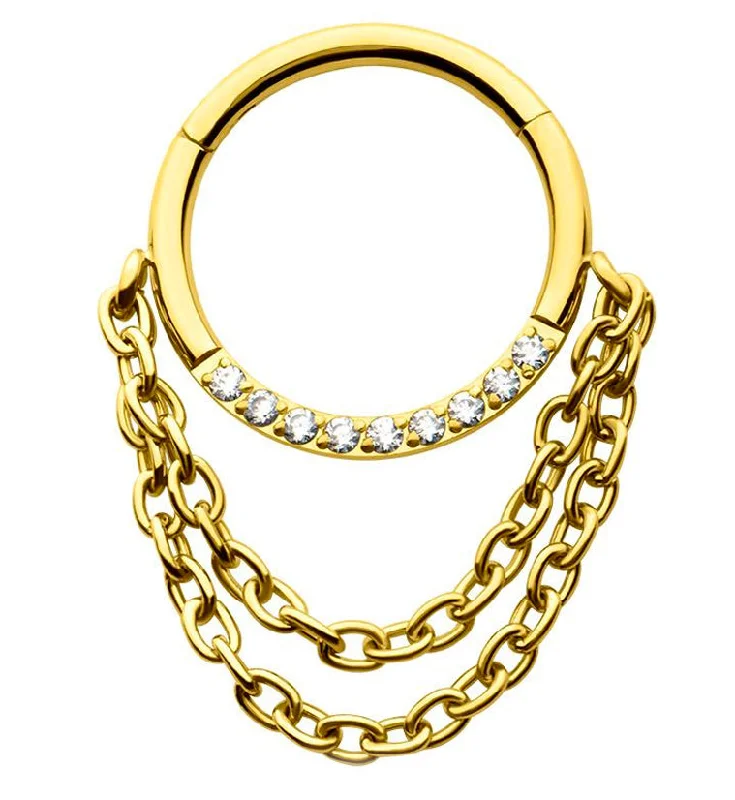 Petite pearl rings-Gold PVD Pave Clear CZ Dual Dangle Chain Stainless Steel Hinged Segment Ring