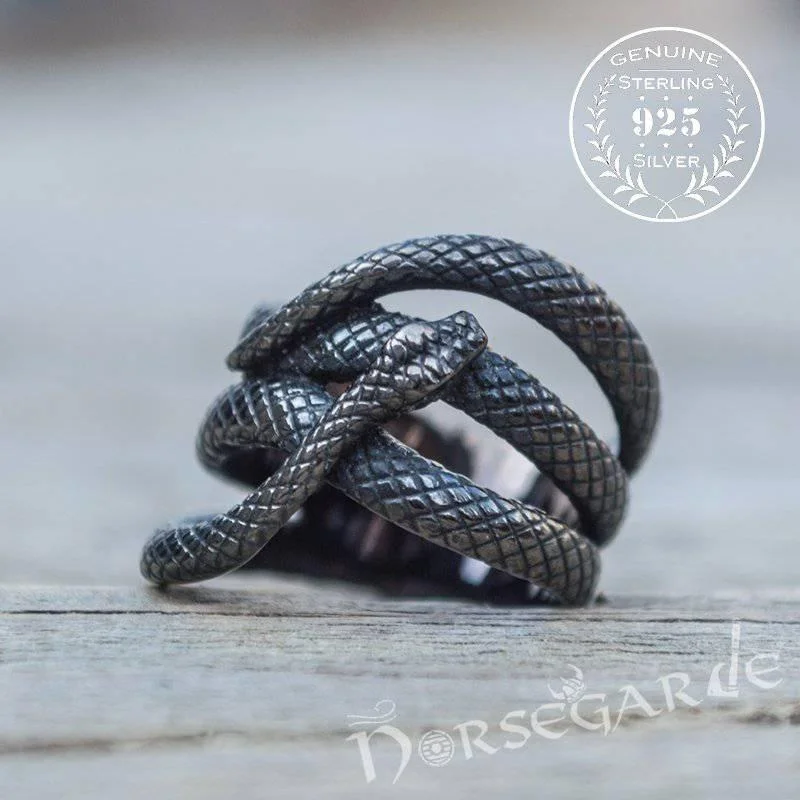 Rose quartz rings-Handcrafted Coiled Jormungandr Ring - Ruthenium Plated Sterling Silver