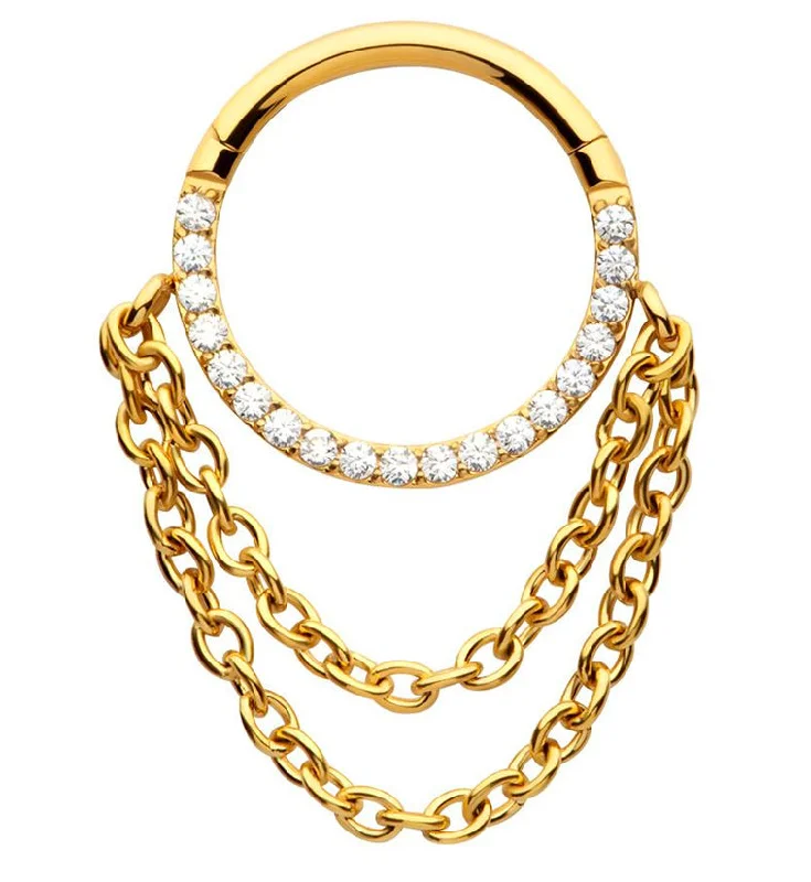 Tide style rings-Gold PVD Pave CZ Double Dangle Chain Stainless Steel Hinged Segment Ring