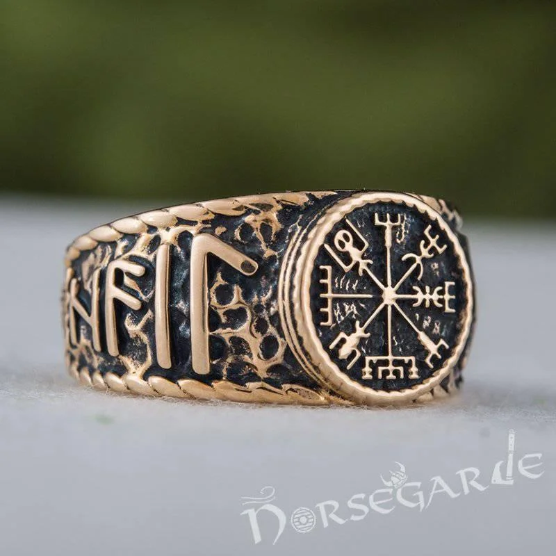 Baroque style rings-Handcrafted Vegvisir Runic Signet Ring - Bronze