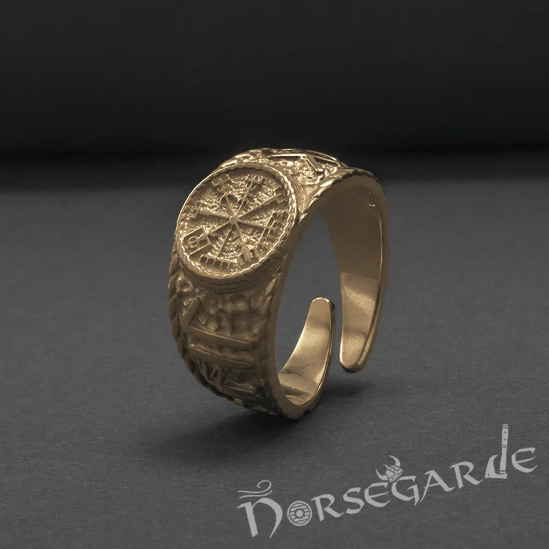 Solid band rings-Handcrafted Vegvisir Runic Signet Ring - Gold