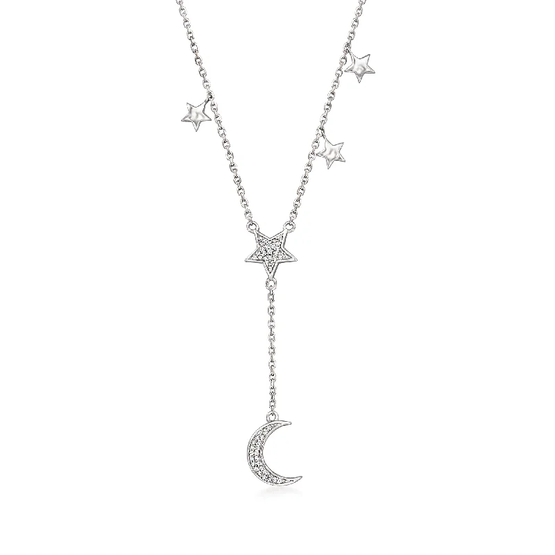 Cat charm necklaces-Ross-Simons Diamond Moon and Star Y-Necklace in Sterling Silver