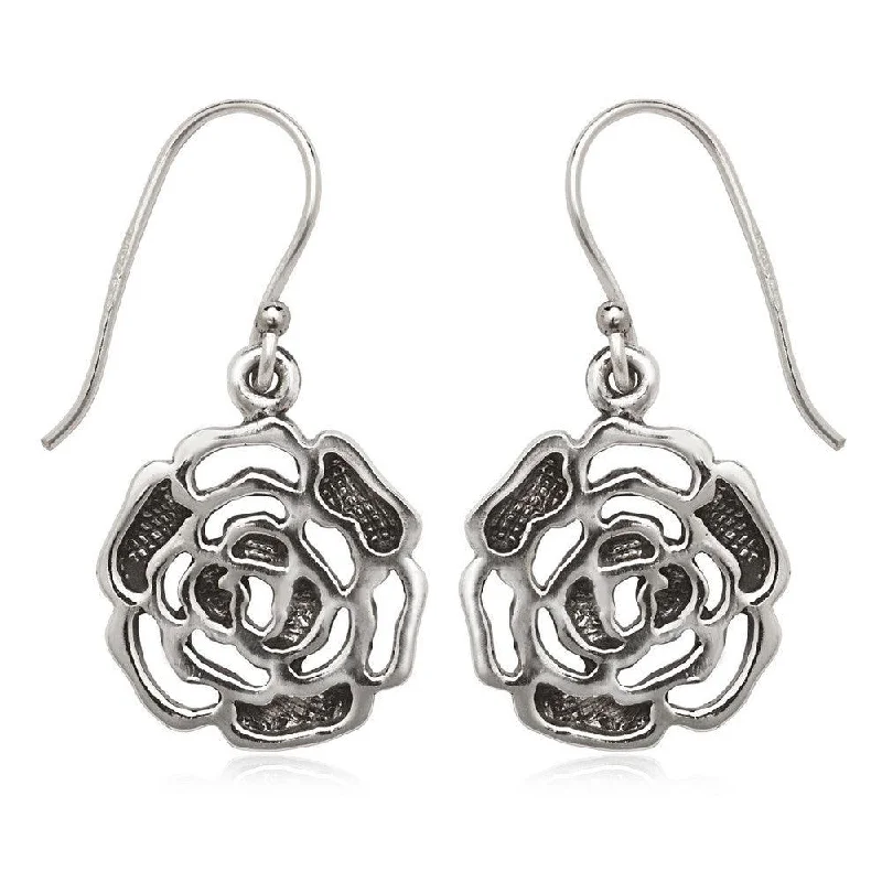 Matte enamel earrings-Sterling Silver Oxidized Open Rose Earrings