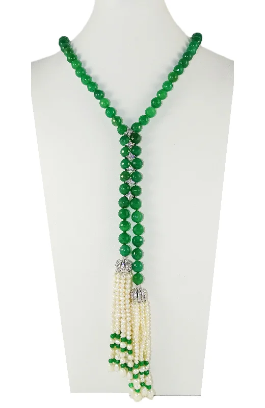 Pastel beaded necklaces-48" Green Agate And Cultured Pearl Tassel Necklace Embelished With Cz Stations