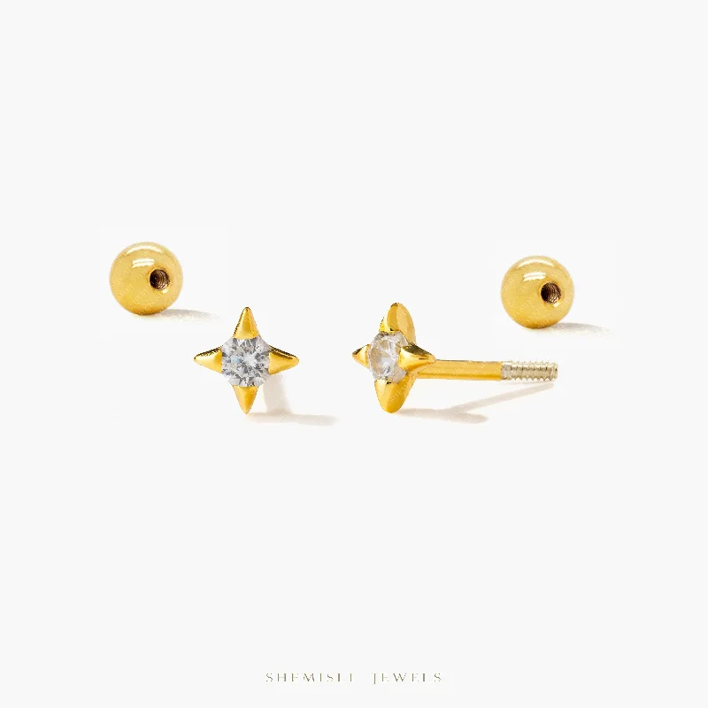 Slip knot earrings-Tiny 4 Pointed Star With White Gem Stud Earrings With Screw Ball End, Unisex, Gold, Silver SHEMISLI SS955