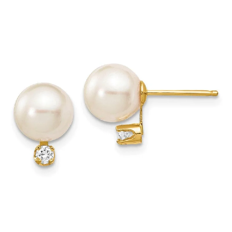 Neat stud earrings-14k 7-8mm White Round Saltwater Akoya Cultured Pearl Diamond Post Earrings