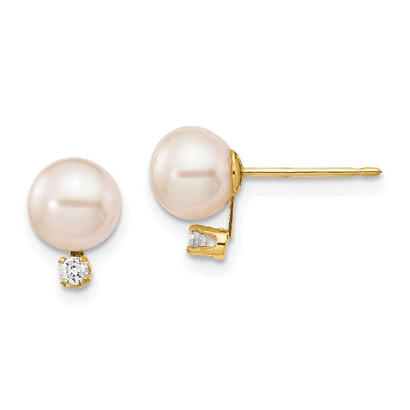 Dainty triangle earrings-14k 6-7mm White Round Freshwater Cultured Pearl .06ct Diamond Post Earrings