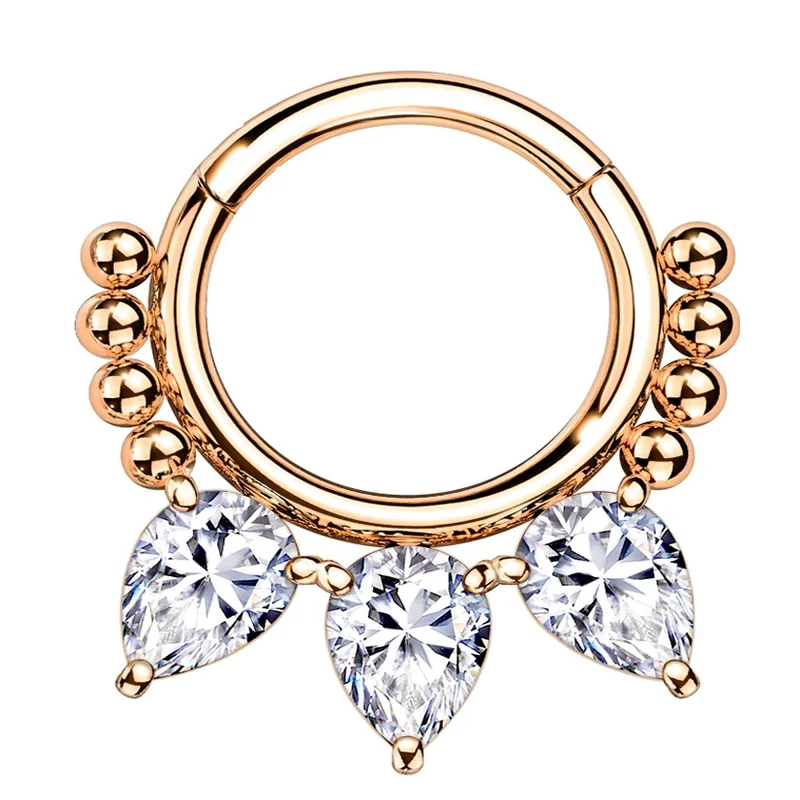 Bare frame rings-Rose Gold PVD Teardrop CZ Bead Hinged Segment Ring