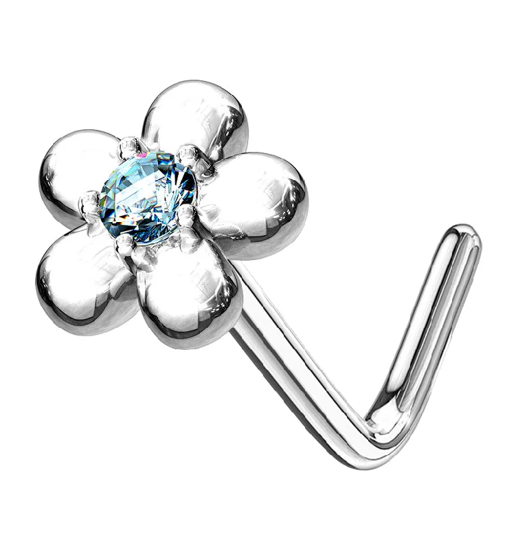 Thin rose rings-14kt White Gold Daisy Aqua CZ L Bend Nose Ring