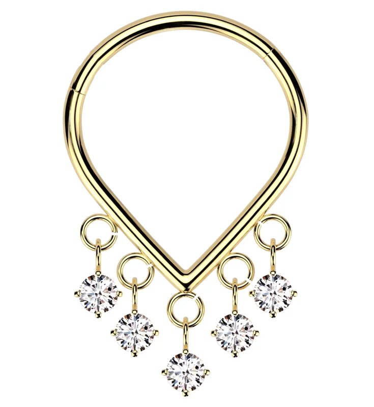 Timeless flair rings-Gold PVD Pointed Multi-Dangle Clear CZ Titanium Hinged Segment Ring