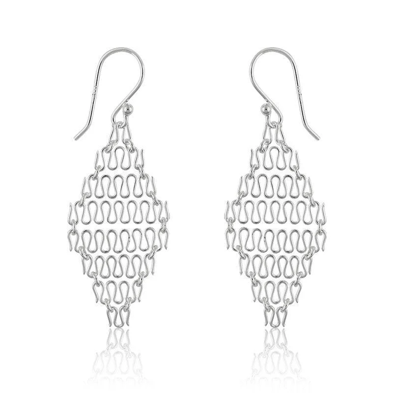 Petite pearl earrings-Sterling Silver Chain Link Diamond Shaped Wire Earrings