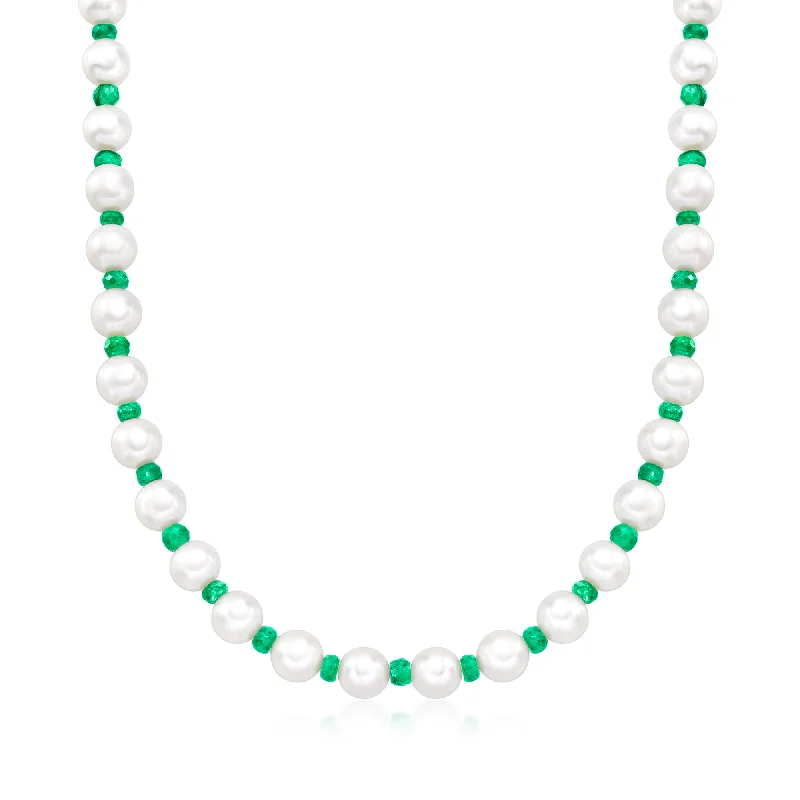 Sloped pendant necklaces-Ross-Simons Emerald and 8-8.5mm Cultured Pearl Necklace With 14kt Yellow Gold