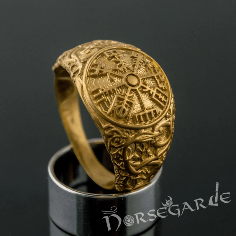 Crisp modern rings-Handcrafted Urnes Style Vegvisir Ring - Gold