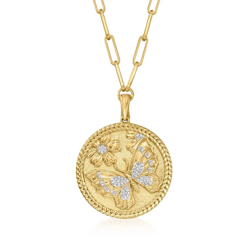 Sloped pendant necklaces-Ross-Simons Diamond Butterfly Medallion Pendant Necklace in 18kt Gold Over Sterling