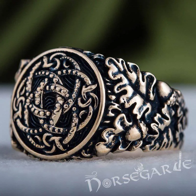 Reed style rings-Handcrafted Jormungandr Oak Leaves Ring - Bronze