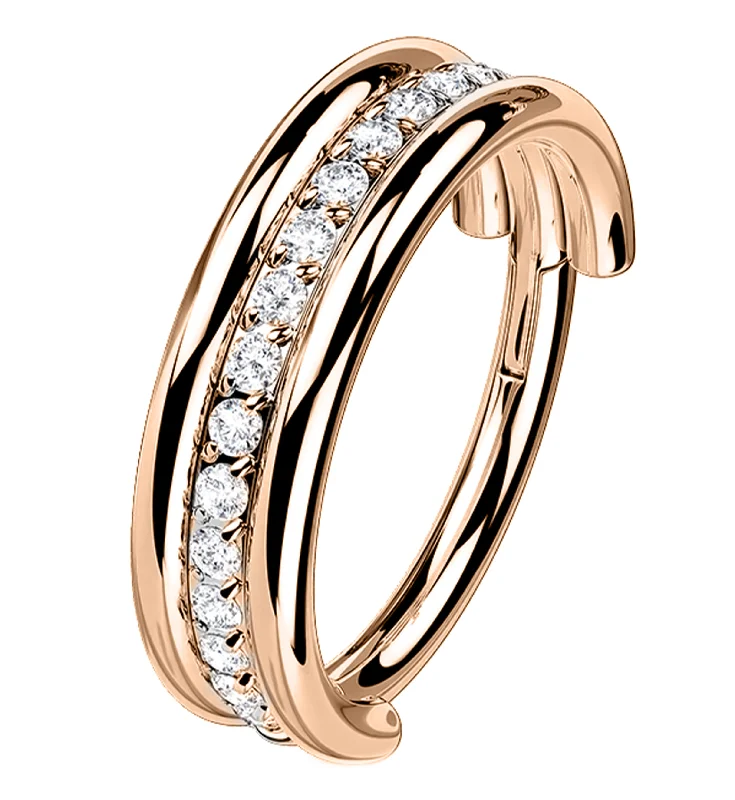 Multi-stone rings-Rose Gold PVD Stacked Core CZ Titanium Hinged Segment Ring