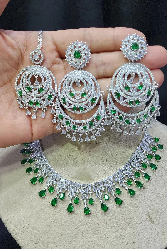 Pentagon dangle earrings-Pakistani Jewelry Inspired CZ Necklace Earrings Set with Maangtika AD Design for Engagement