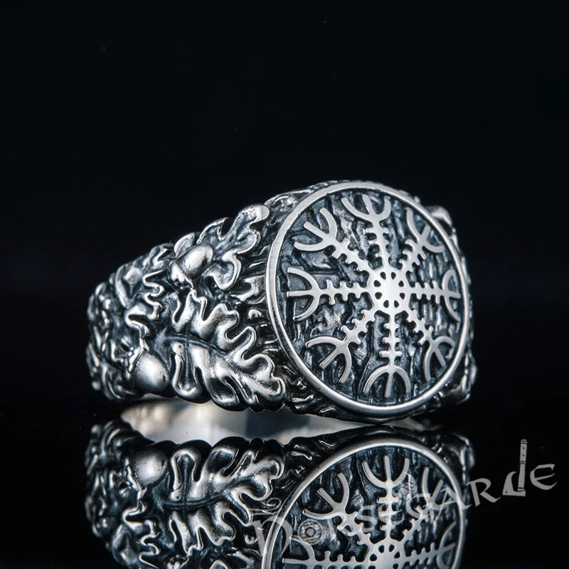 Solid stone rings-Handcrafted Helm of Awe Rune Oak Leaves Ring - Sterling Silver