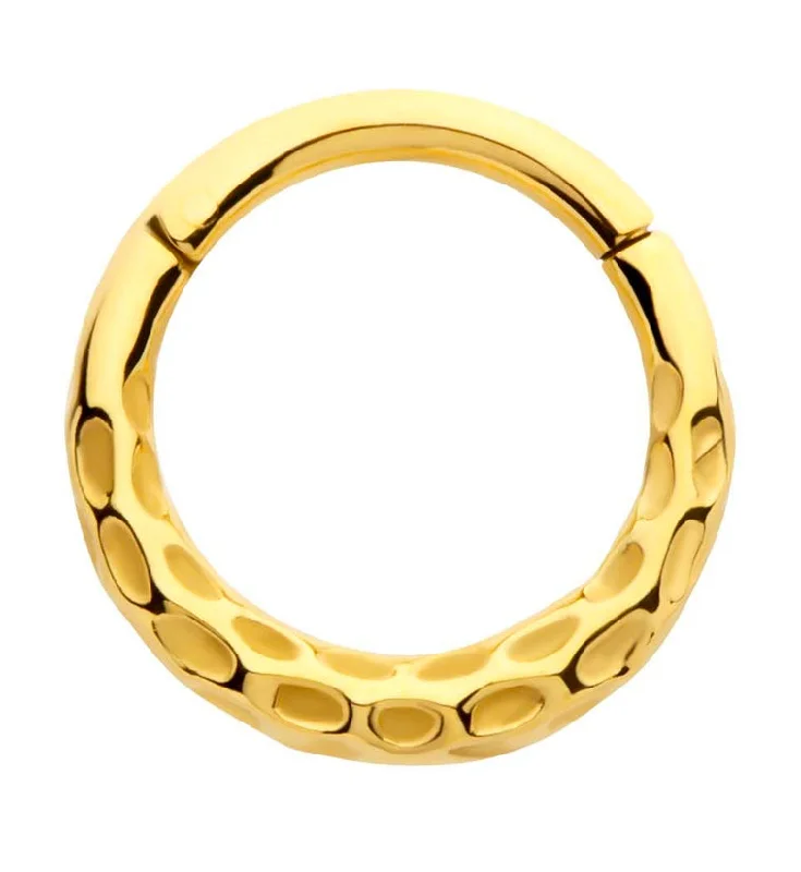 Solid band rings-Gold PVD Hammered Rim Stainless Steel Hinged Segment Ring