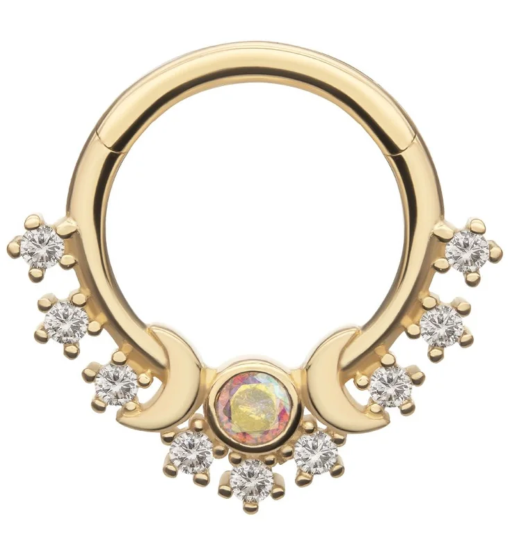 Stranded bead rings-14kt Gold Celestial Crescent Moon Clear CZ Row Hinged Segment Ring