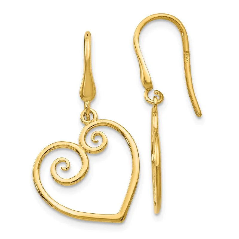 Aged brass earrings-14K Yellow Gold Heart Dangle Shepherd Hook Earrings