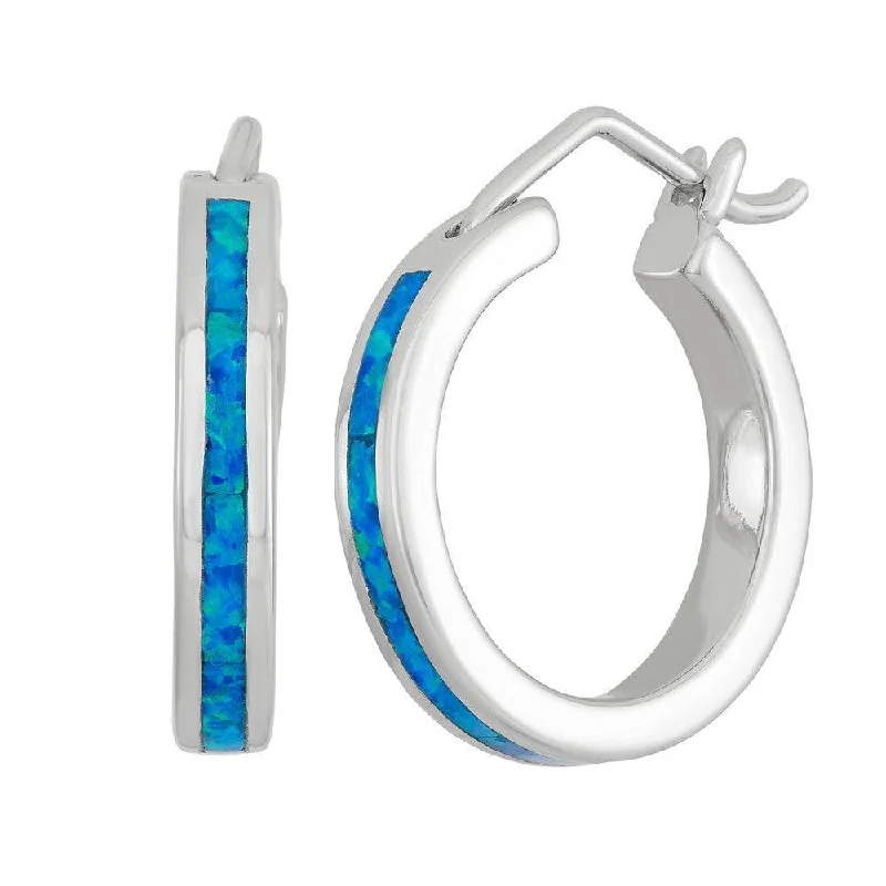 Gypsy feather earrings-Sterling Silver Blue Inlay Opal Hoop Earrings