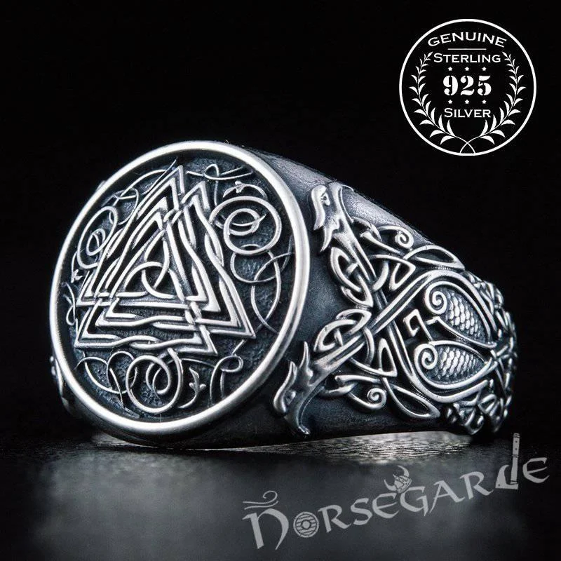 Circle gem rings-Handcrafted Valknut Viking Ornament Ring - Sterling Silver