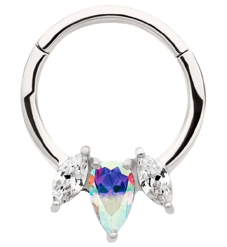 Funky rings-Sepal Clear And Rainbow Aurora CZ Stainless Steel Hinged Segment Ring