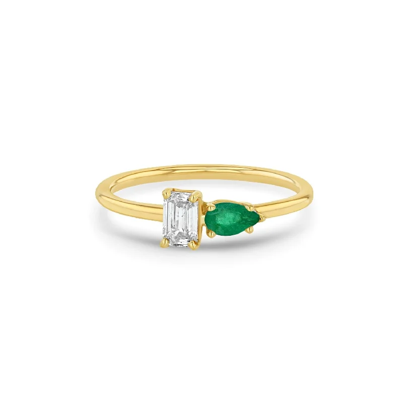 Silk thread rings-14K Gold Emerald Cut Diamond and Pear Emerald Ring