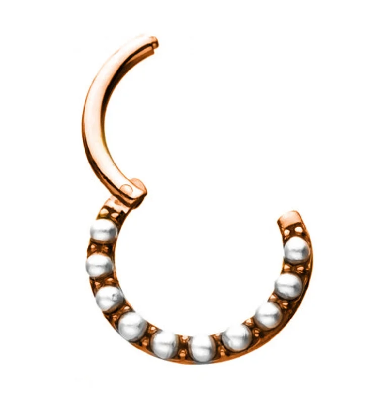 Crisp eternity rings-Rose Gold PVD Pearl Front Hinged Segment Ring