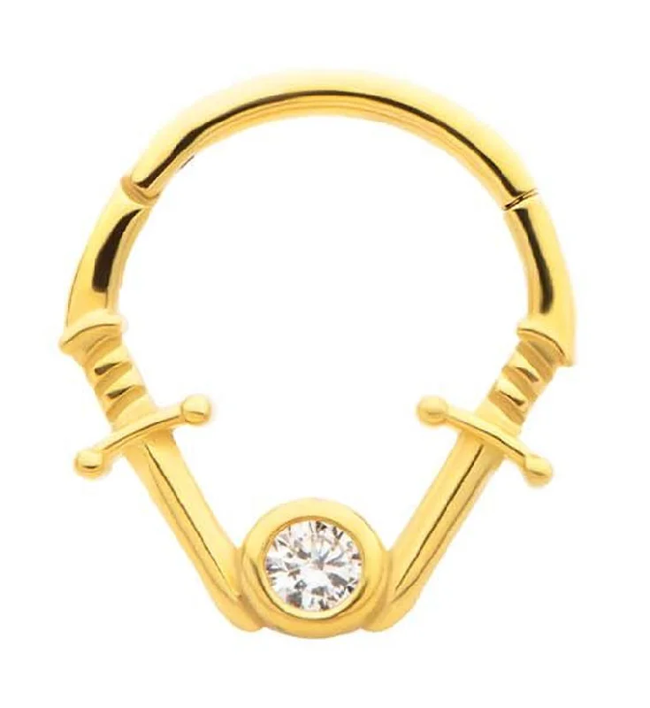 Funky rings-Gold PVD Dual Dagger Clear CZ Stainless Steel Hinged Segment Ring