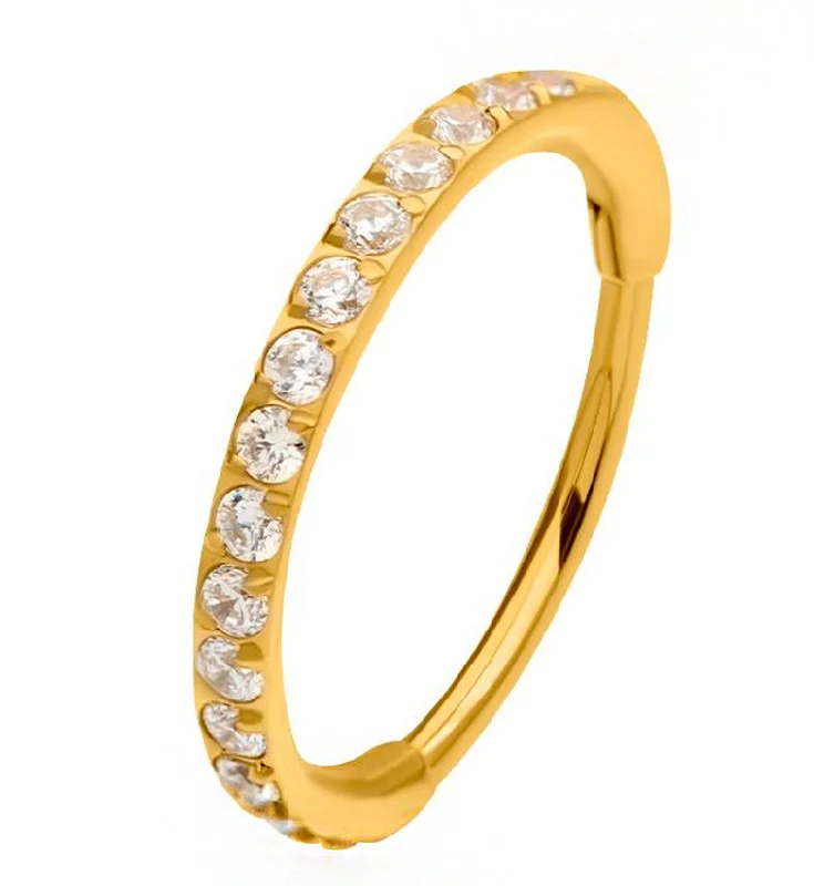 Bead-wrapped rings-Gold PVD Clear CZ Hoop Stainless Steel Hinged Segment Ring