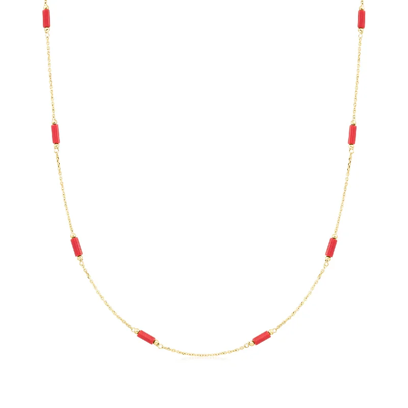 Twisted wire necklaces-Ross-Simons Italian Red Coral Bead Station Necklace in 18kt Yellow Gold