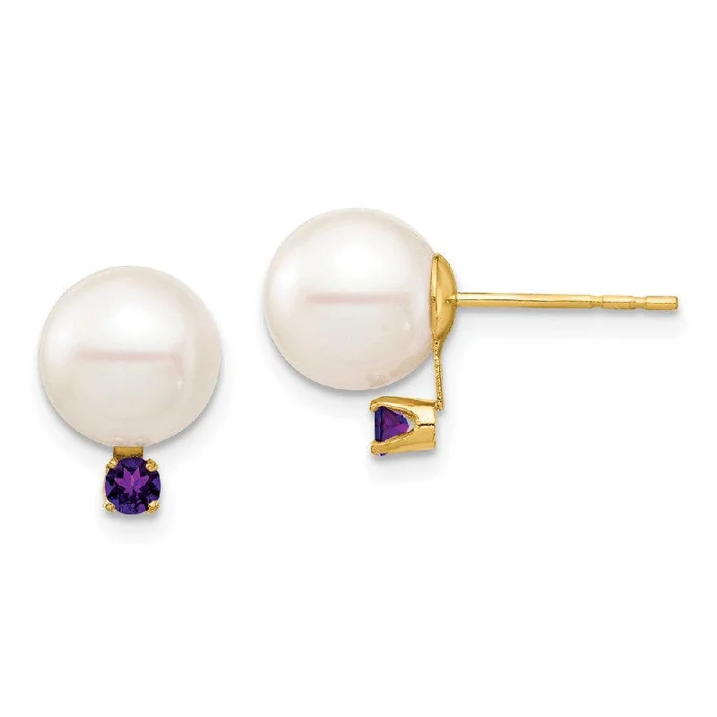 Coil loop earrings-14K 8-8.5mm White Round Freshwater Cultured Pearl Amethyst Post Earrings