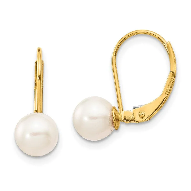 Charoite earrings-14k 6-7mm White Round Saltwater Akoya Cultured Pearl Leverback Earrings