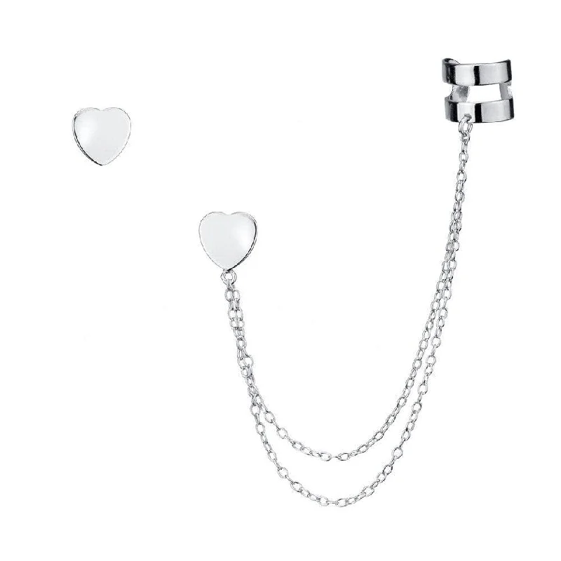 Flat relic earrings-Sterling Silver Single Stud with Cuff Heart Earrings