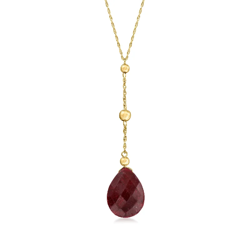 Pentagon pendant necklaces-Ross-Simons Ruby and Bead Drop Necklace in 14kt Yellow Gold