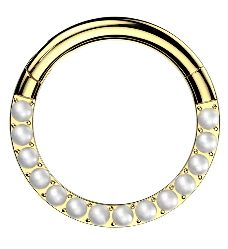 Thin rose rings-Gold PVD Front Facing Pearl Row Titanium Hinged Segment Ring