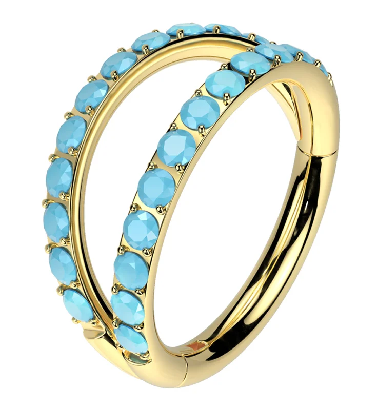 Timeless vow rings-Gold PVD Double Side Facing Turquoise Row Titanium Hinged Segment Ring