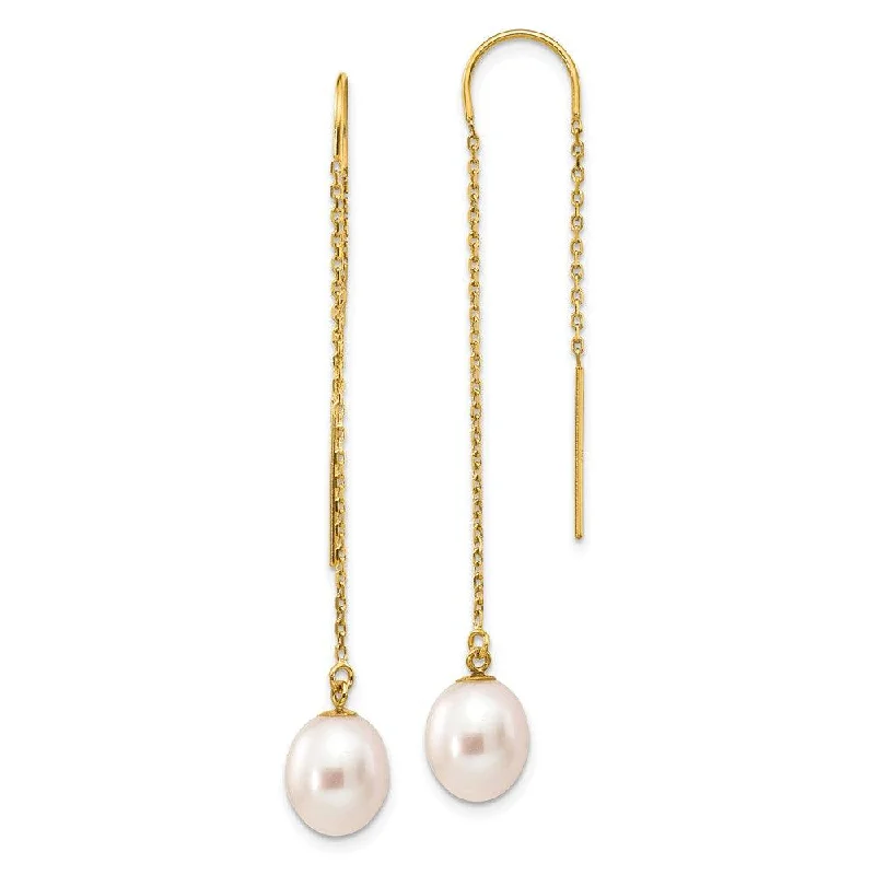 Stacked drop earrings-14k 7-8mm White Rice Freshwater Cultured Pearl Dangle Threader Earrings