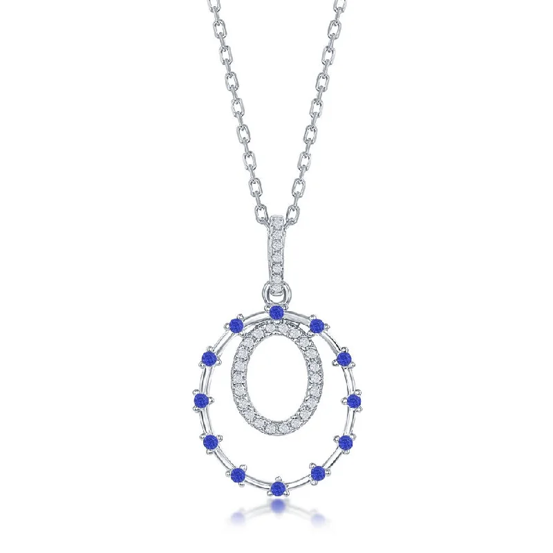 Sleek bar necklaces-Sterling Silver Double Circle, Blue CZ Pendant