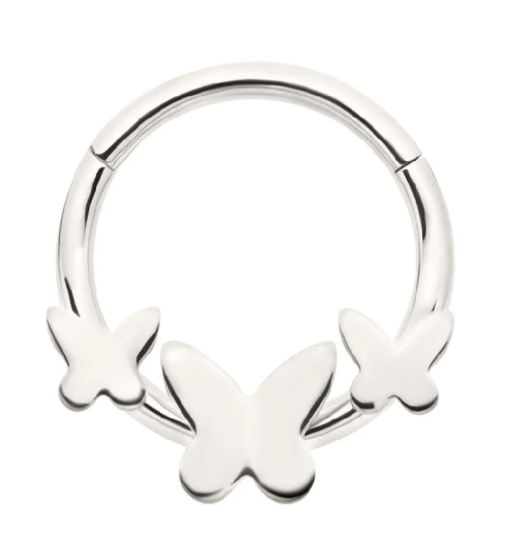 Solid geometric rings-Triple Butterfly Stainless Steel Hinged Segment Ring