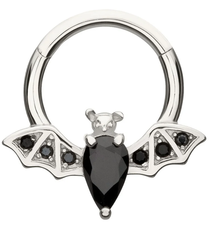 Circle design rings-14kt White Gold Flying Bat Black CZ Hinged Segment Ring