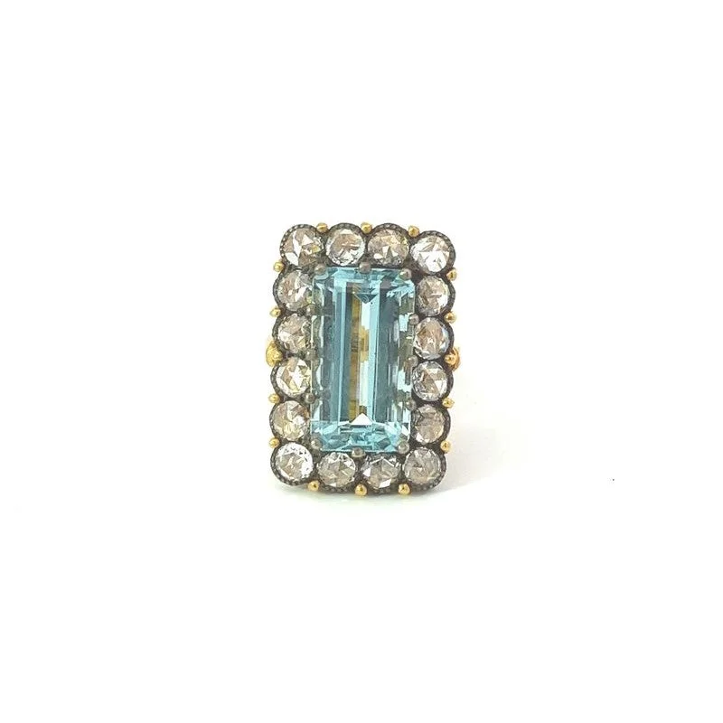 Zircon stone rings-22K & Silver Emerald Cut Aquamarine Statement Ring